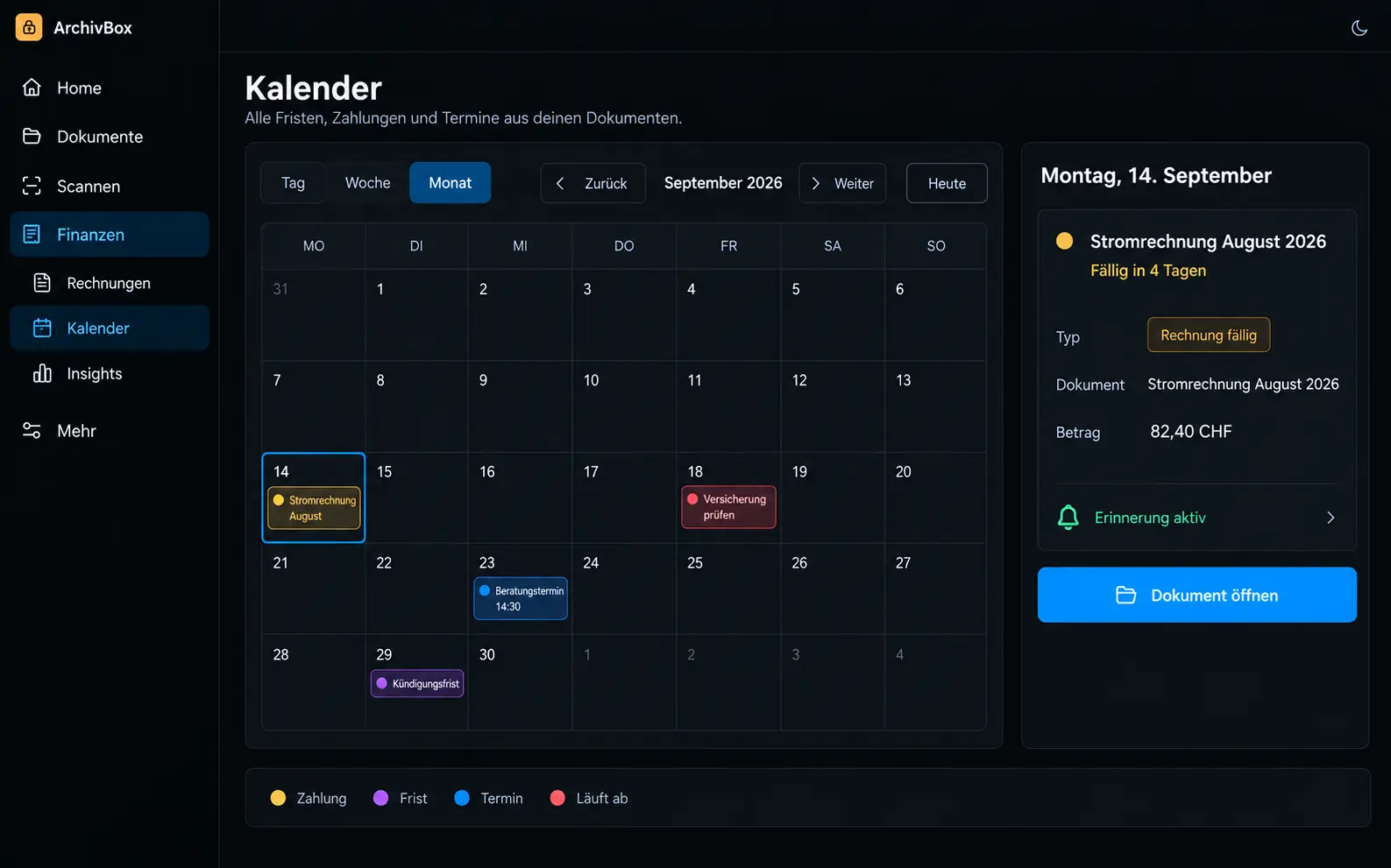 Monthly calendar with coloured entries for invoices, expiry dates and notice periods