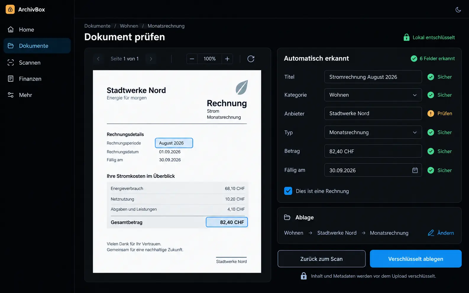 Document view with PDF preview, category, amount, due date and retention period