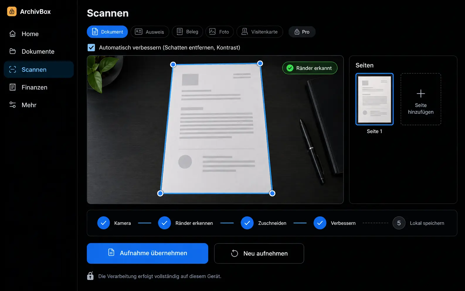 ArchivBox on the phone: document being scanned, edges detected automatically, category and due date suggested