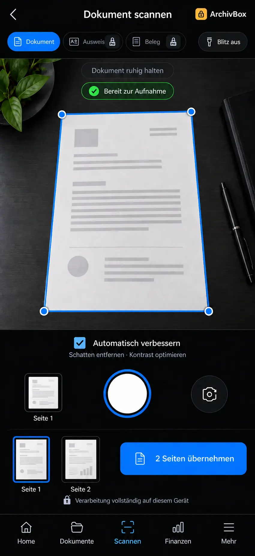Camera view with detected document edge and shutter
