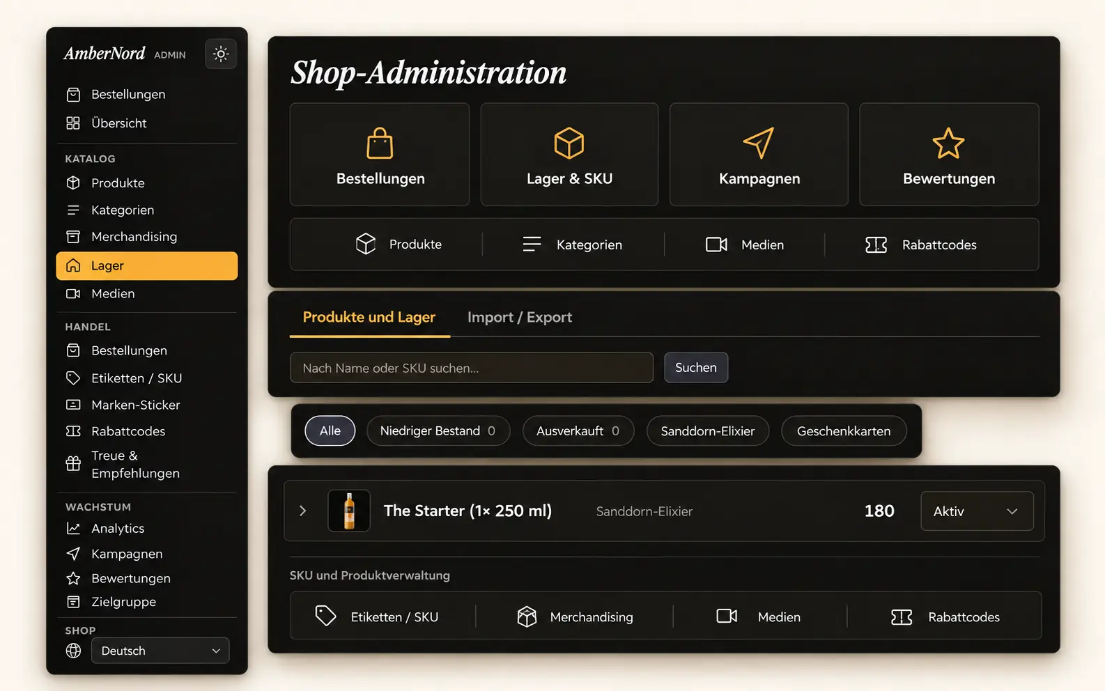 Admin area of ambernord.ch with the order list, inventory levels and CMS navigation