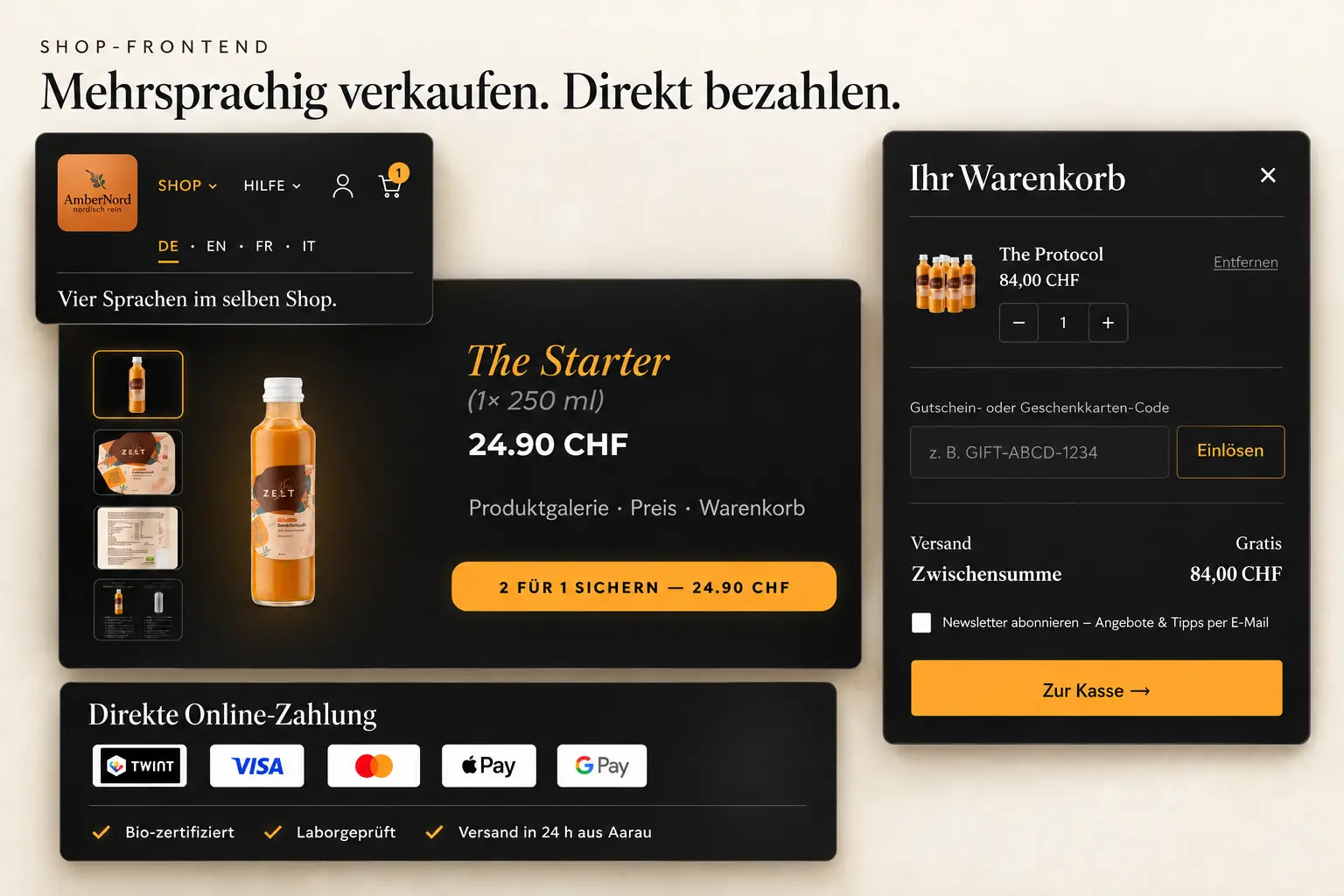 Product page of the ambernord.ch shop with the four-language selector open