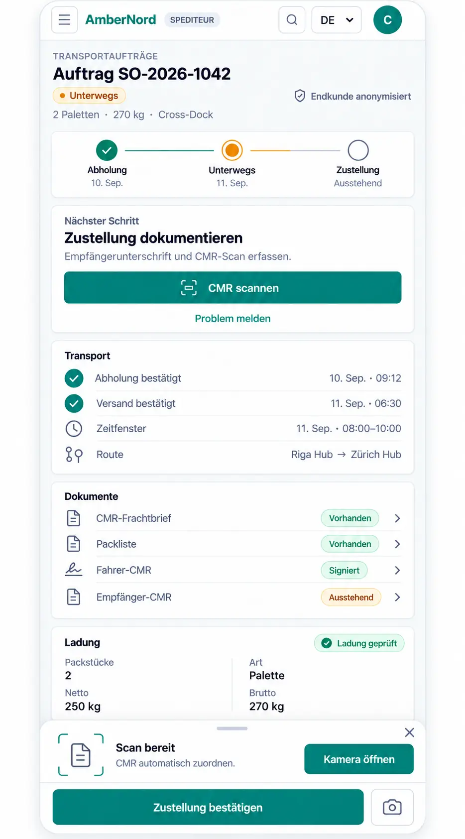 Reduced carrier view with delivery data and confirmation buttons