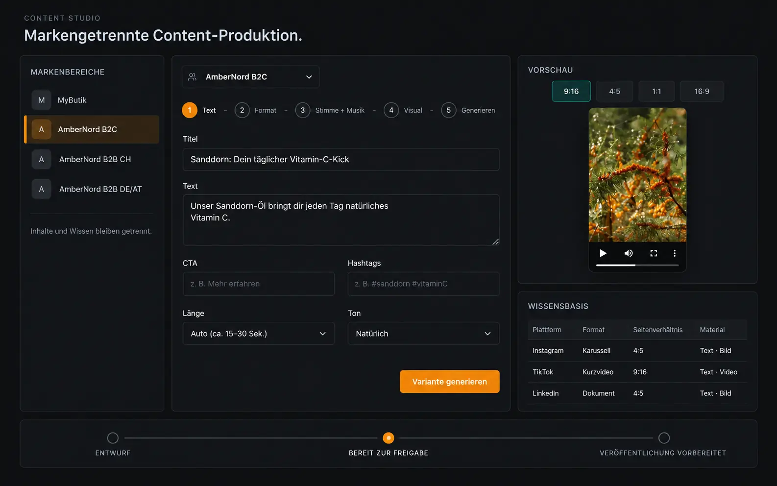 Brand overview in Content Studio with voice profiles and knowledge bases