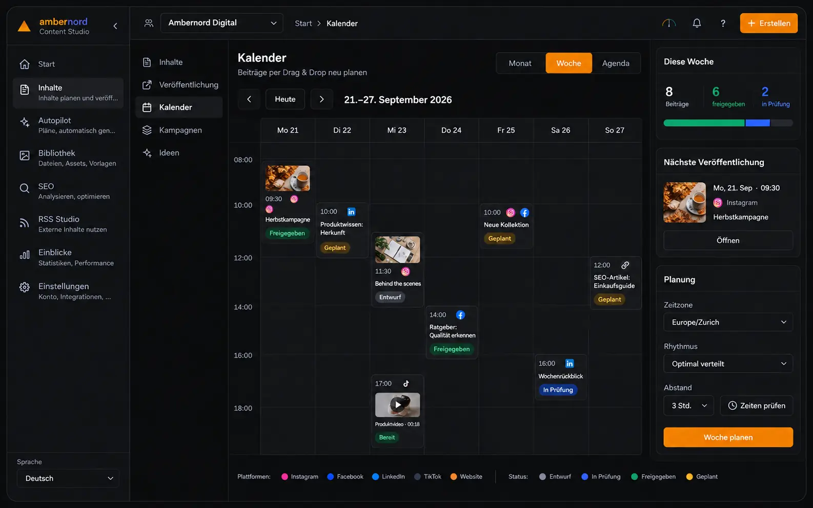 Content calendar of a brand: planned and produced posts per day, formats as icons, status draft, ready, published