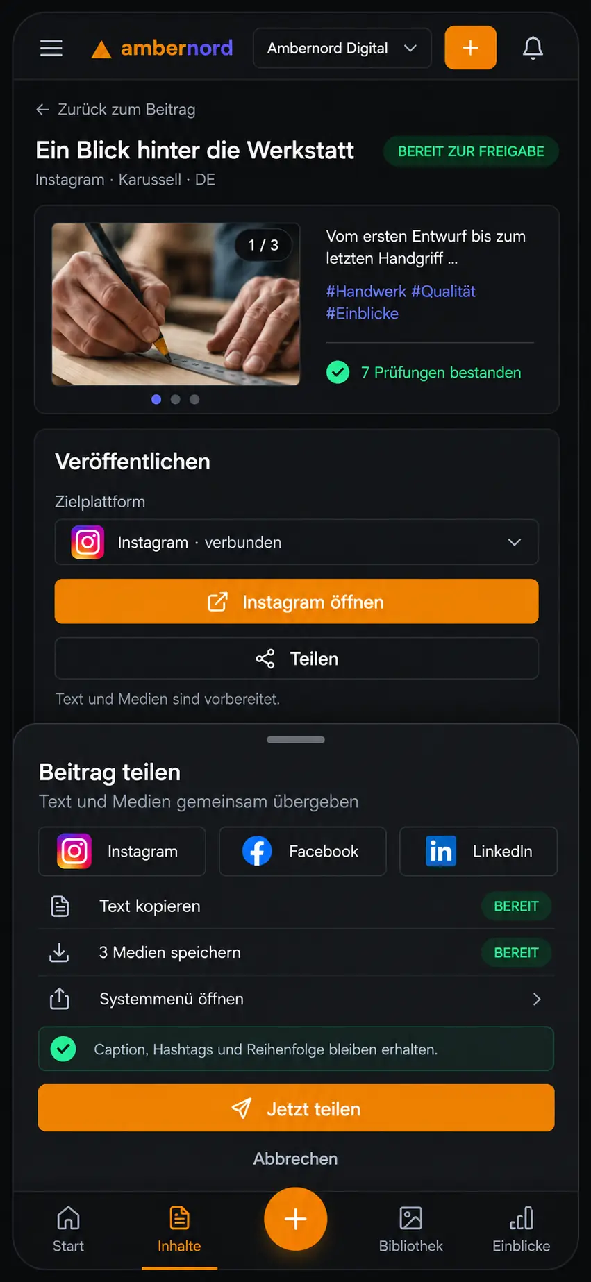 Mobile view with finished post and share function