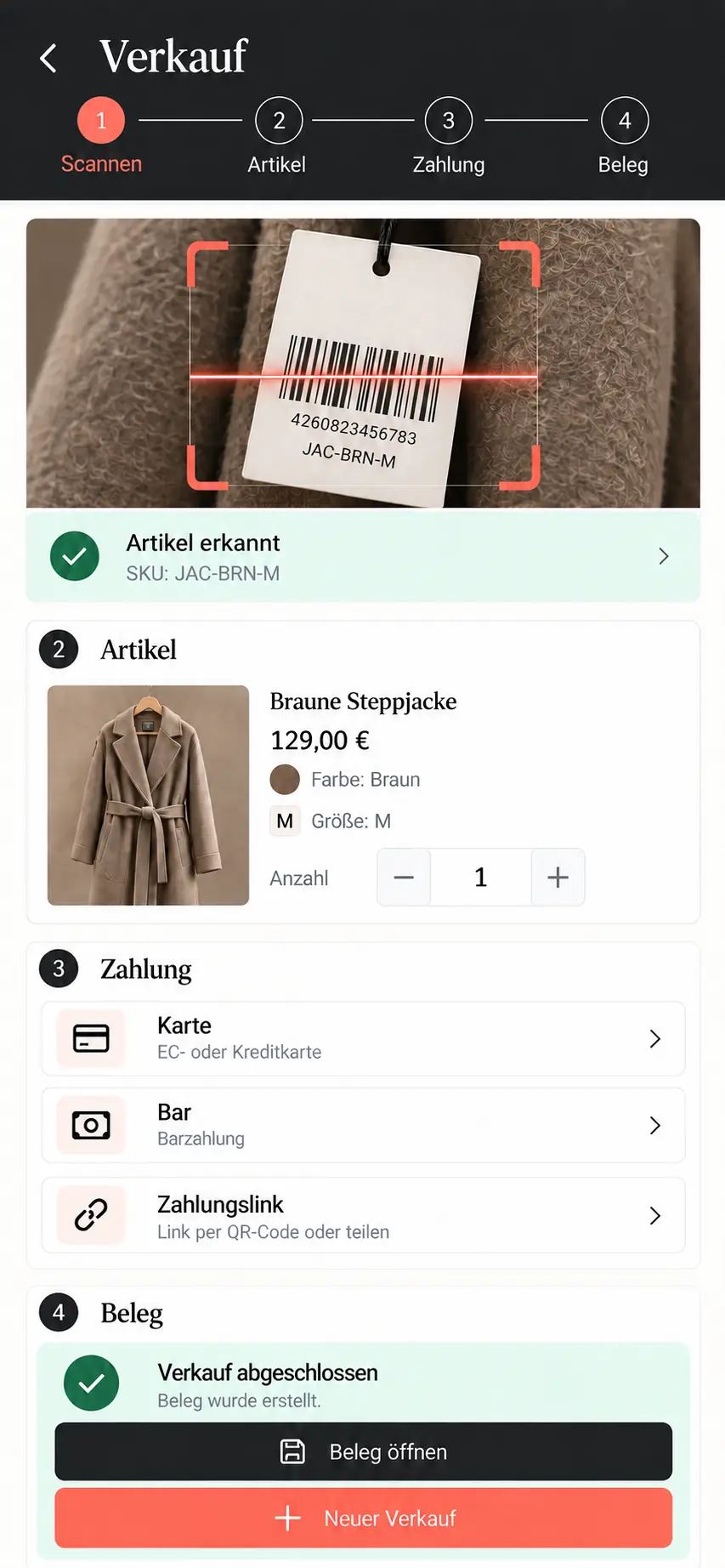 Mobile point-of-sale view with product selection and photo capture