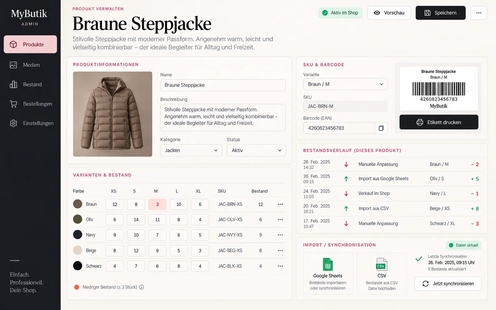 Stock list with SKUs, stock levels and purchase prices
