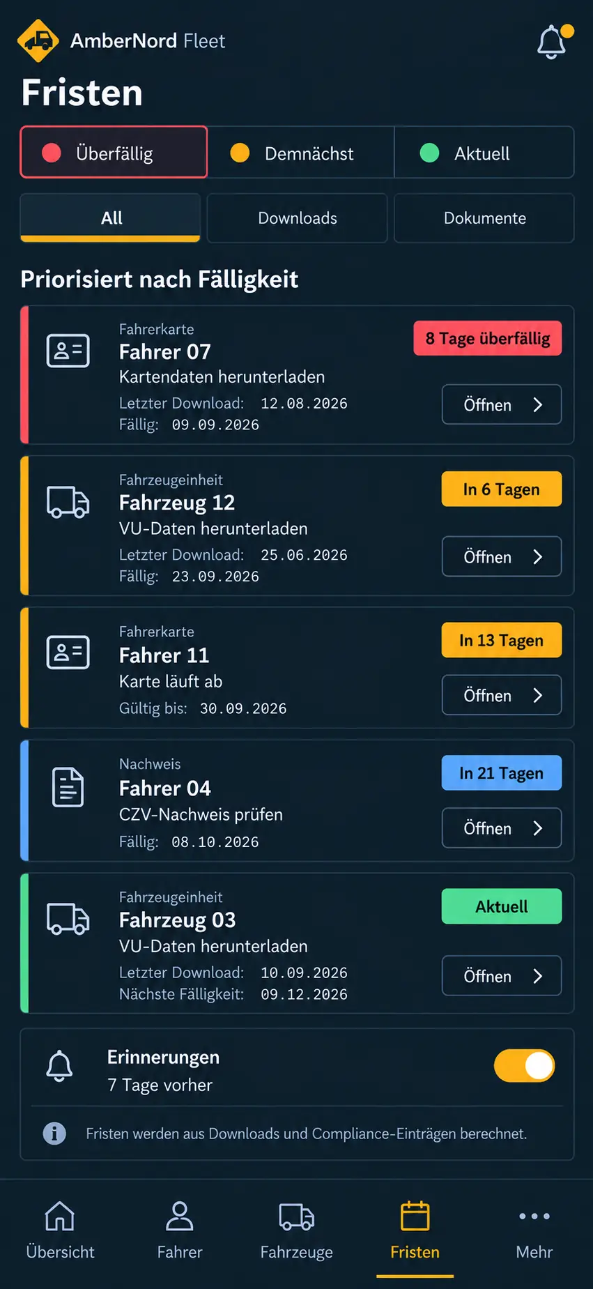 List view with driver card and vehicle downloads that are due