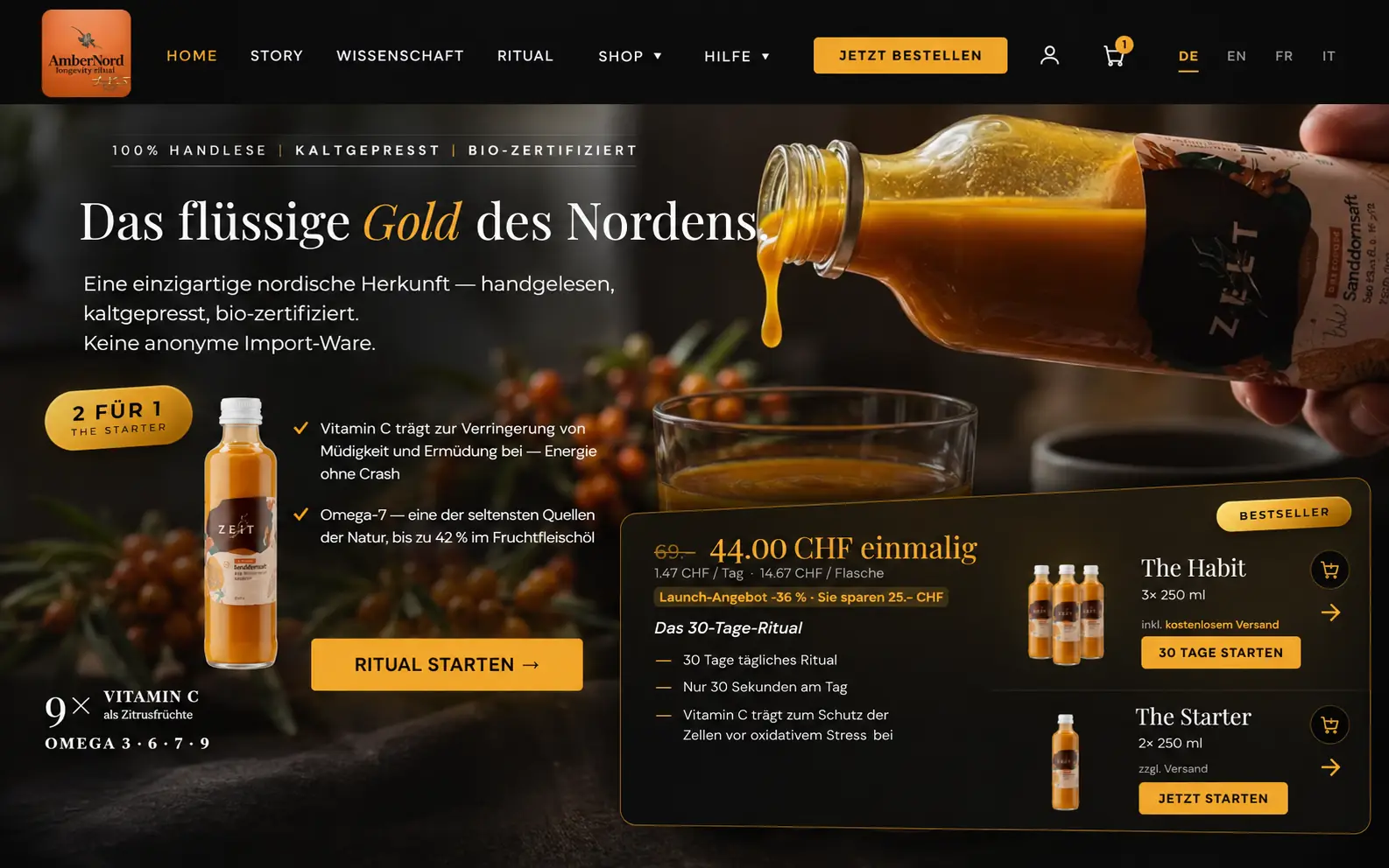 Homepage of the Swiss shop ambernord.ch with its language selector visible, one of the live platforms shown here