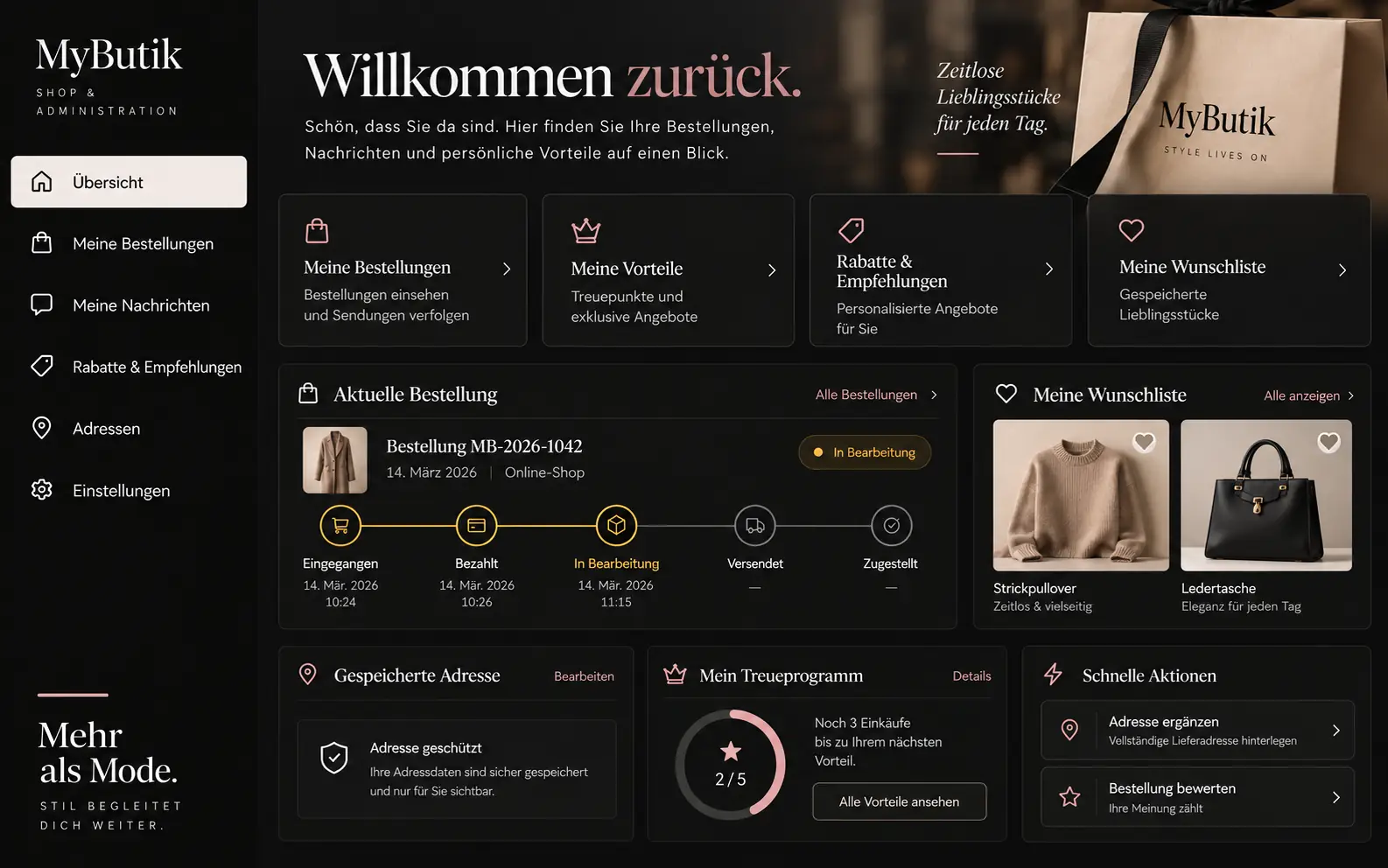 Customer account on a website: orders with invoice, addresses, loyalty points, conversation thread