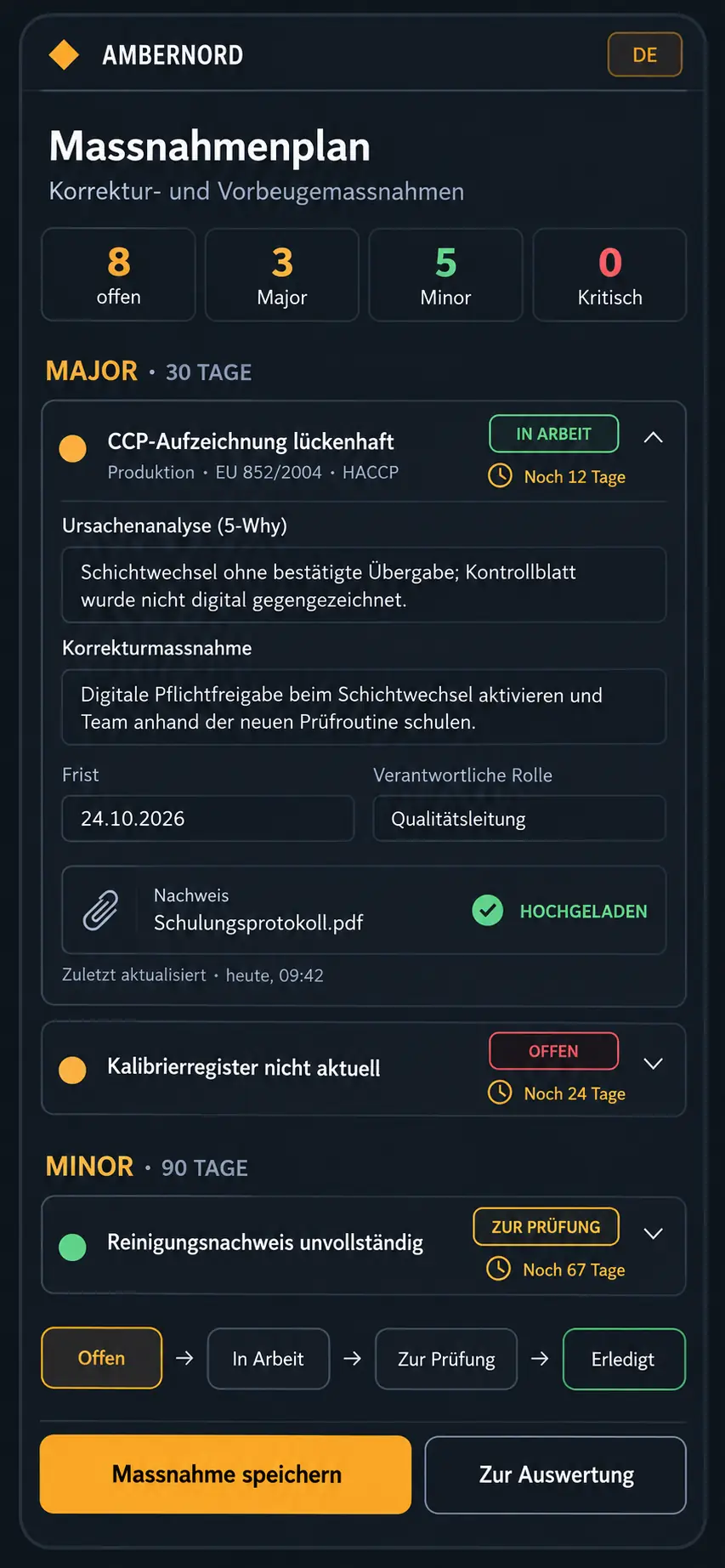Mobile list of actions with cause, responsible person and deadline