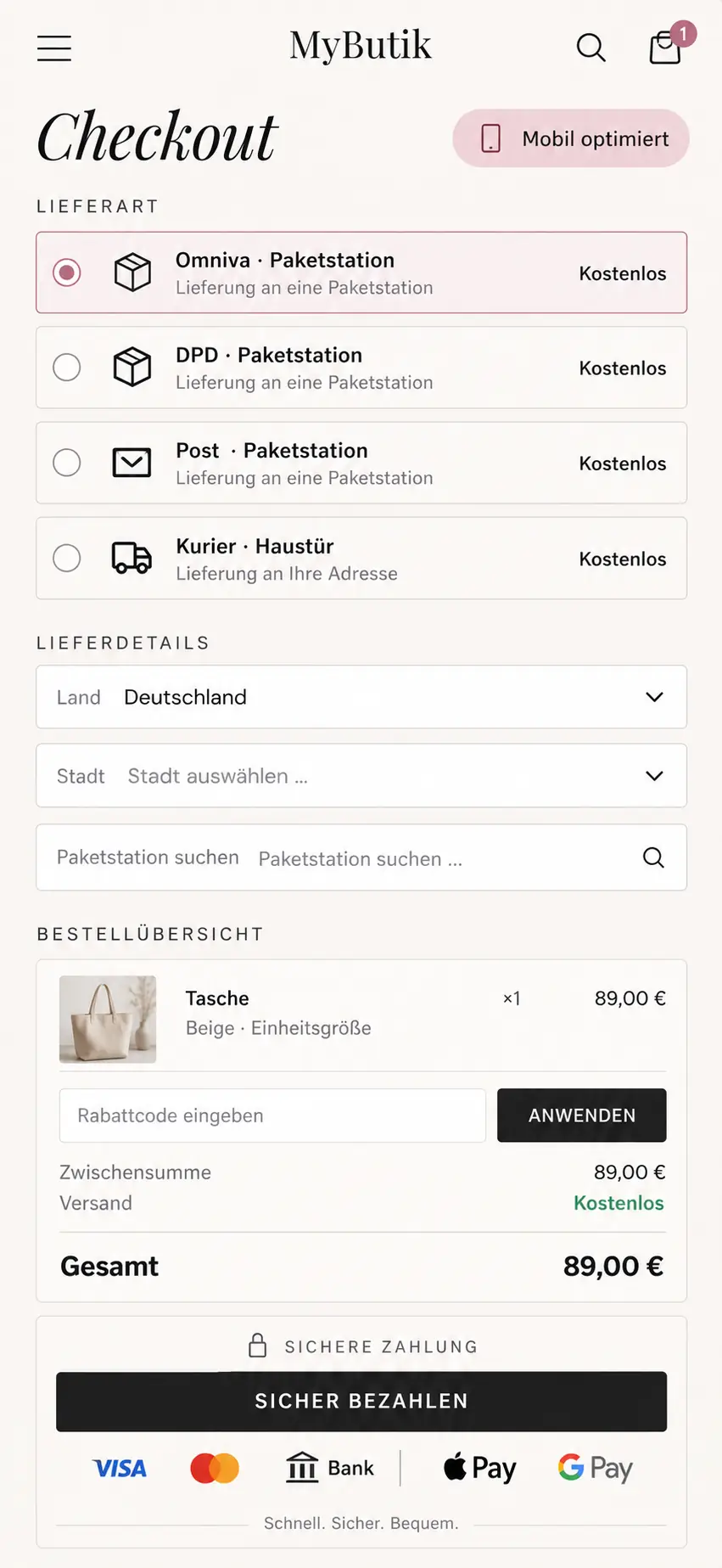 MyButik checkout on a smartphone with a parcel locker being chosen as the delivery point