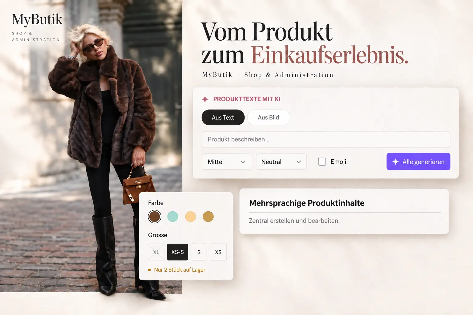 Product page of the MyButik shop with colour and size selection