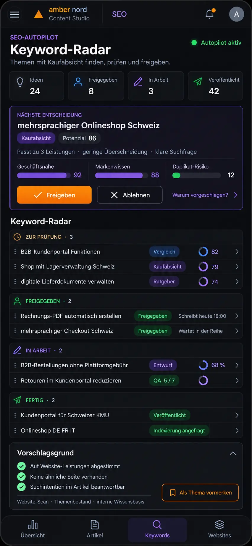 Mobile view of the scored search terms with approval toggles