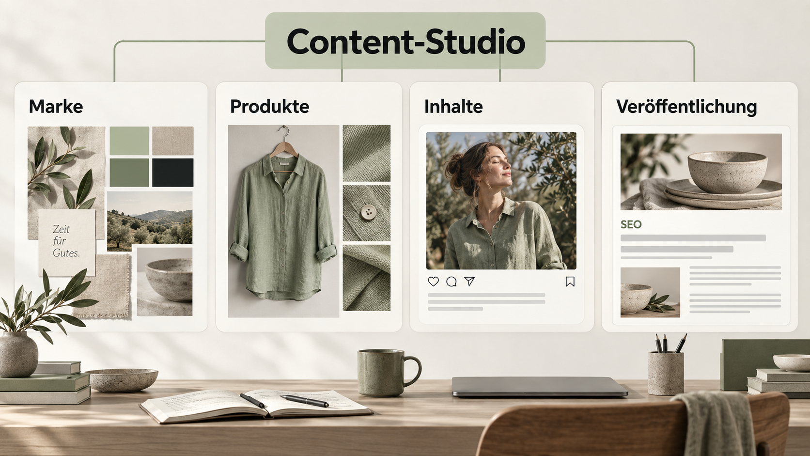 Ihre Marke. Ihr Content-Studio. Illustrative Funktionsdarstellung mit individuell gestaltetem Erscheinungsbild.