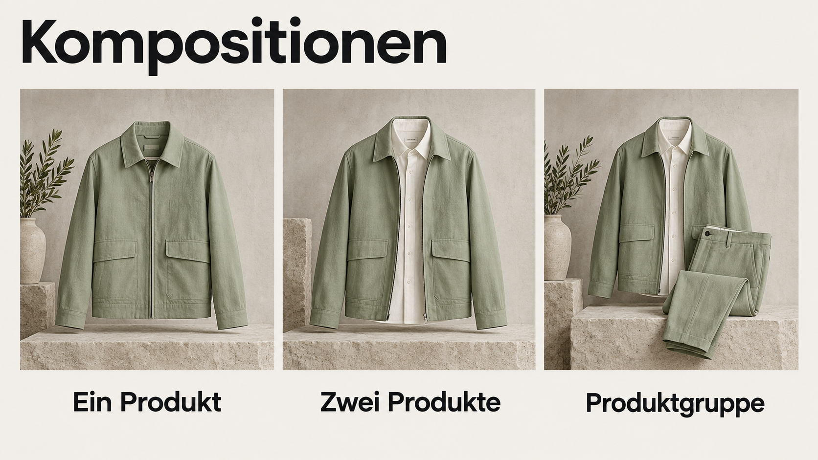 Vom Produktfeed zur Komposition. Illustrative Funktionsdarstellung mit individuell gestaltetem Erscheinungsbild.