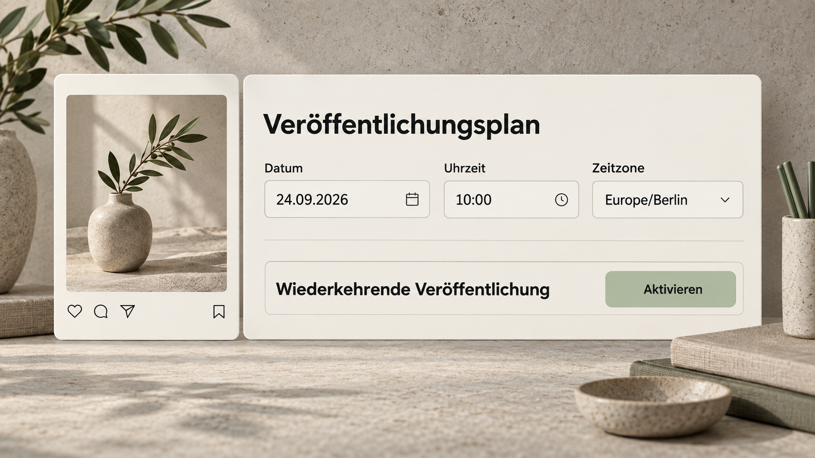 Veröffentlichen mit Zeitplan und Kontrolle. Illustrative Funktionsdarstellung mit individuell gestaltetem Erscheinungsbild.