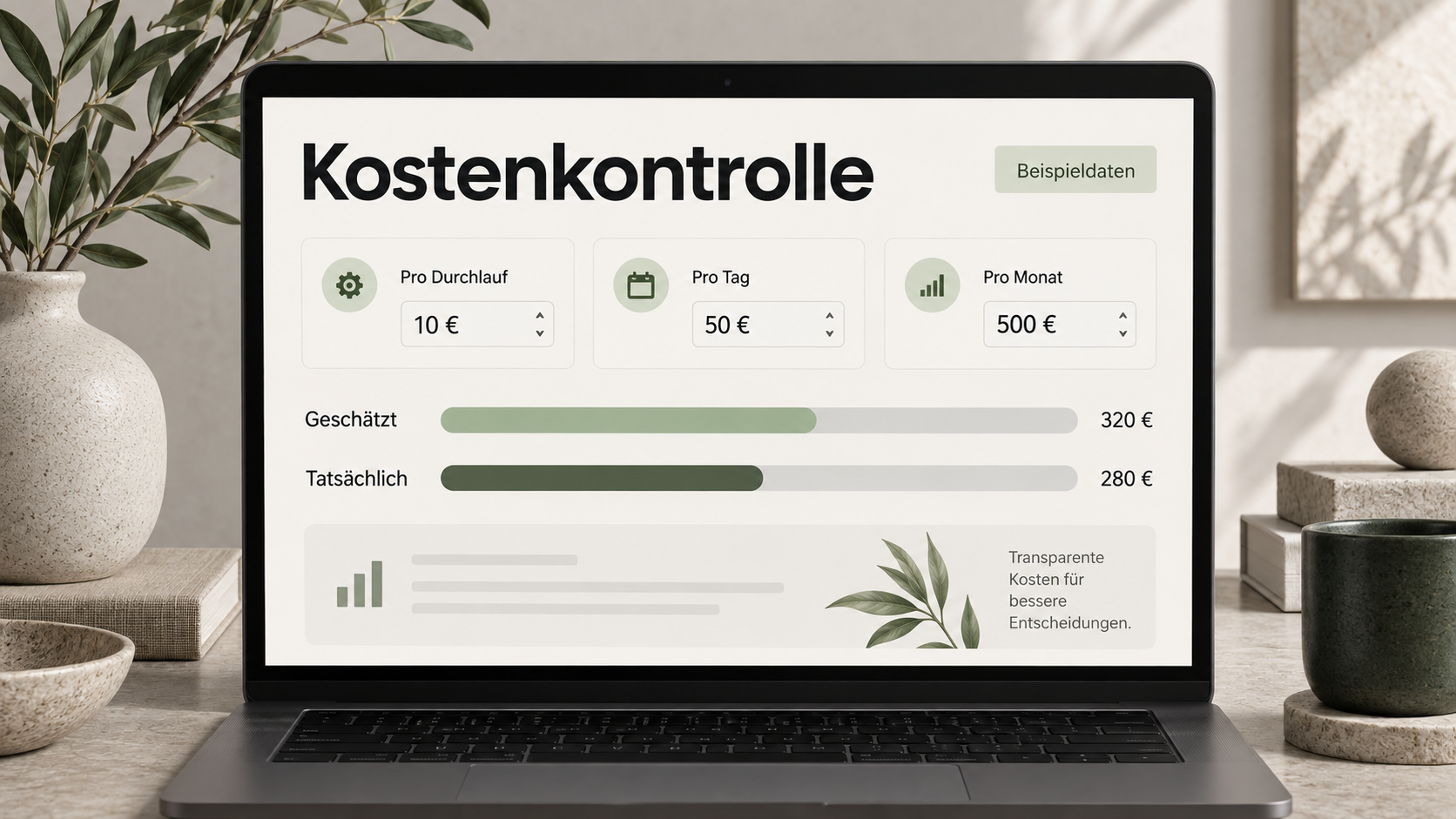 Content-Produktion mit sichtbaren Kosten. Illustrative Funktionsdarstellung mit individuell gestaltetem Erscheinungsbild.
