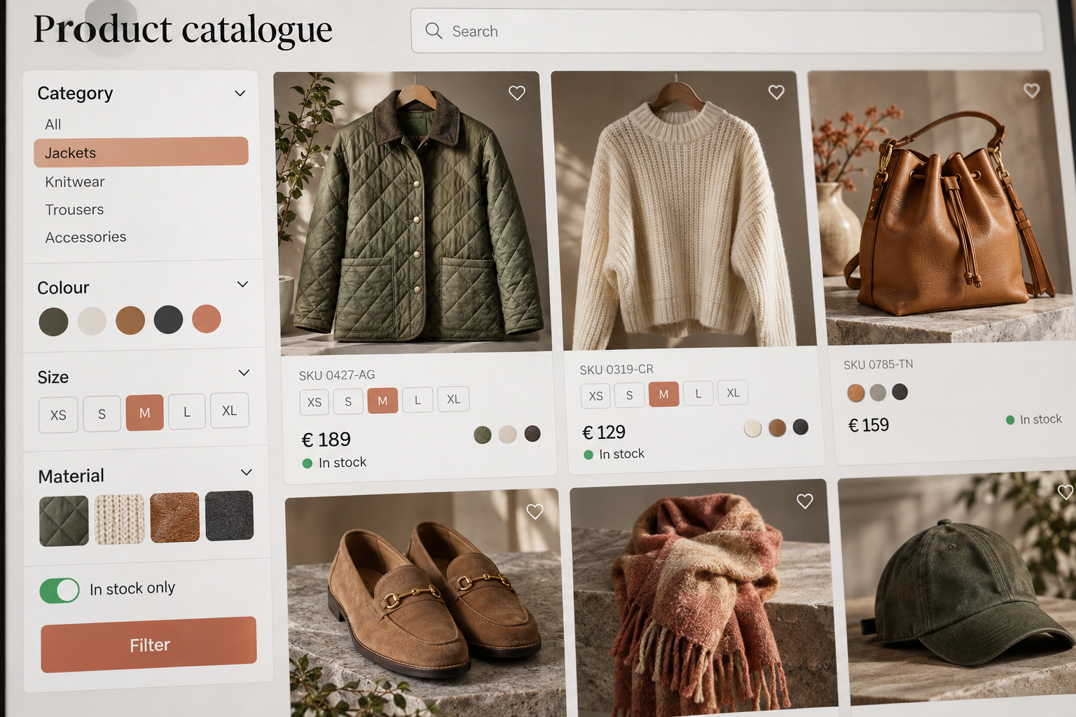 Product discovery with search, filters and availability